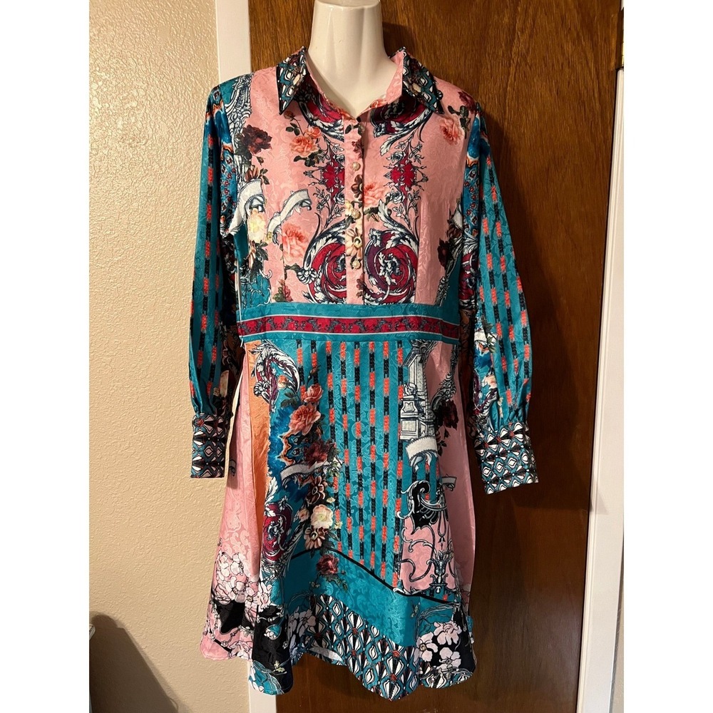RARE Dalia MacPhee Floral Print Mini Shirt Dress Long Sleeve Pink Green Women's - Picture 2 of 10
